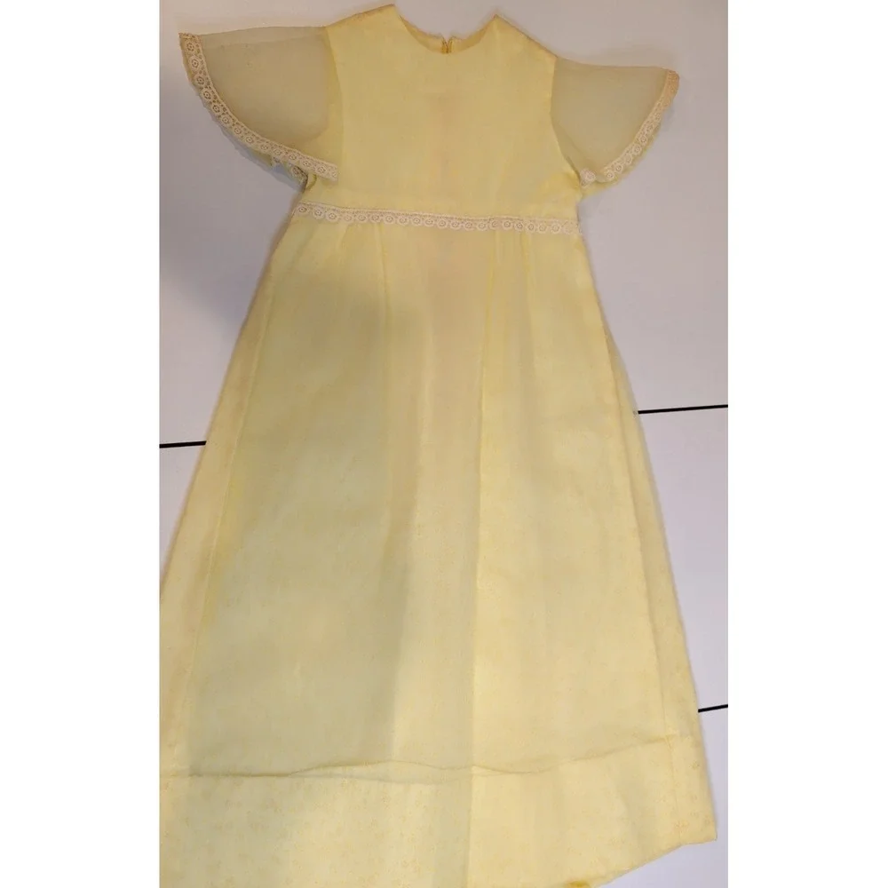 Vintage Girls Yellow Lace Trim Dress Sheer Sleeves Formal Easter Size 4T
